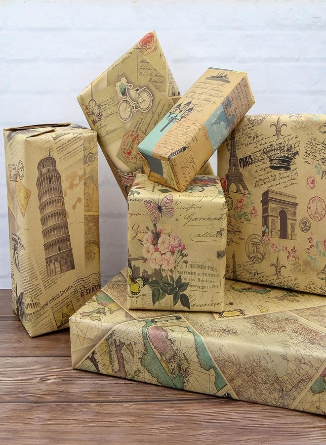 Boerni Vintage Shabby Chic French Paris Eiffel Tower Arc de Triomphe Leaning Tower of Pisa Bicycle Butterfly Rose Maps Kraft Wrapping Paper Folded Flat 6 Sheets: 23sq. ft. ttl-Anniversary Wedding Gift Wrap - Image 4